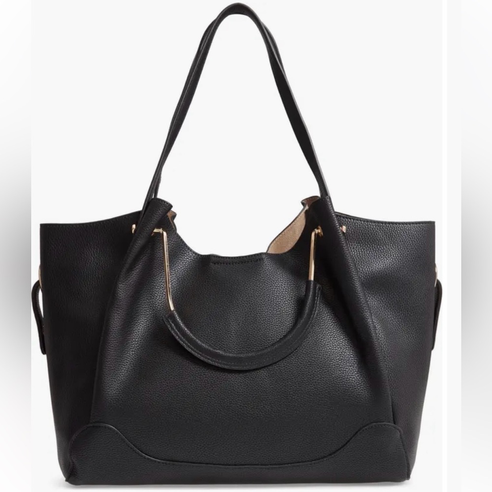 Sondra Roberts Squared Vegan Leather Tote Satchel Black Shoulder Bag Purse Large
